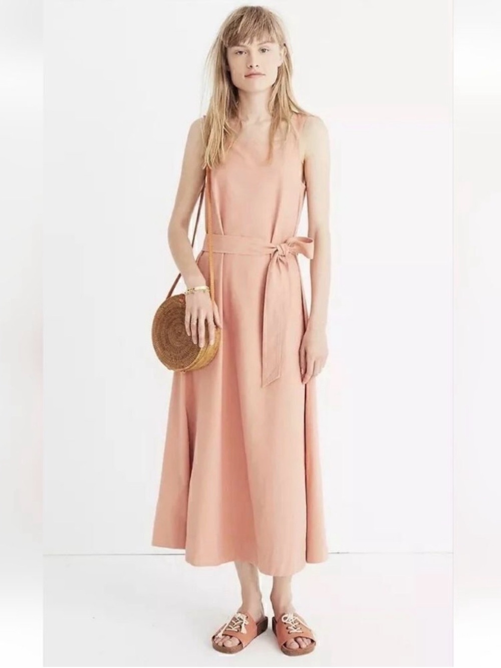 Madewell Peach Sleeveless Tie-Waist Midi Apron Dress